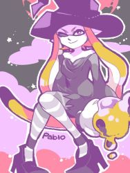 Rule 34 | commentary request, hat, inkling, inkling girl, inkling player character, long hair, multicolored hair, nana (raiupika), nintendo, one eye closed, splatoon (series), splatoon 1, tentacle hair, witch, witch hat