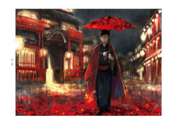 Rule 34 | 1boy, architecture, black footwear, black hair, black kimono, boots, coat, east asian architecture, fire, flower, haori, holding, holding umbrella, jacket, jacket on shoulders, japanese clothes, kimono, lantern, long sleeves, looking at viewer, male focus, matsuno osomatsu, mochinue, night, oil-paper umbrella, osomatsu-kun, osomatsu-san, osomatsu (series), outdoors, pom pom (clothes), rain, red coat, red eyes, red flower, red theme, road, sky, smile, solo, umbrella, walking