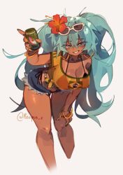 1girl absurdres blue_hair brazilian_flag brazilian_flag_print brazilian_miku can crop_top dark-skinned_female dark_skin flag_print flower flower_on_head glasses_on_head hatsune_miku highres holding holding_can reapus_x shorts solo vocaloid