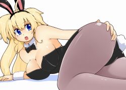 Rule 34 | 1girl, all fours, animal ears, ass, blonde hair, blue eyes, bow, bowtie, breasts, cleavage, detached collar, fake animal ears, long hair, momo (fruits box), original, pantyhose, playboy bunny, rabbit ears, solo, twintails, wrist cuffs