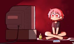Rule 34 | 1other, ahoge, bags under eyes, black shirt, bottle, bright pupils, commentary, cushion, dvd case, indian style, light particles, lossless-lossy, no nose, pink hair, red background, red eyes, sanpaku, screen light, shirt, sitting, solo, takurada, television, v arms, watching television, white pupils