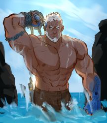 Rule 34 | 1boy, abs, aegir (housamo), anchor, aqua hair, bara, beard, blue eyes, boulder, brown pants, bulge, cowboy shot, dark-skinned male, dark skin, facial hair, fins, highres, holding, holding anchor, large pectorals, looking at viewer, male focus, mature male, multicolored hair, muscular, muscular male, navel, nipples, onion holic, pants, pectorals, rock, short hair, smile, solo, stomach, streaked hair, tokyo houkago summoners, topless male, wading, water, wet, white hair