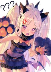 Rule 34 | 1girl, ?, ??, absurdres, animal ears, animal hands, bat wings, blue archive, cat ears, cat paws, dress, fur trim, hair ornament, highres, hina (blue archive), looking at viewer, open mouth, purple eyes, solo, tsubameno, twitter username, white hair, wings, x hair ornament