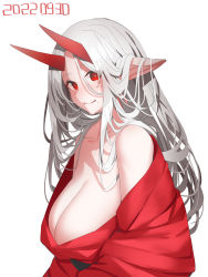 Rule 34 | 1girl, breasts, cleavage, closed mouth, dated, fang, fang out, grey hair, hair between eyes, highres, horns, japanese clothes, kimono, large breasts, long hair, looking at viewer, mole, mole under mouth, off shoulder, original, parted bangs, pointy ears, red eyes, red kimono, simple background, smile, solo, upper body, very long hair, white background, yuuji (yukimimi)