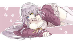 Rule 34 | 1girl, breasts, cat paw, cleavage, frills, heterochromia, k-project, large breasts, leotard, long hair, looking at viewer, lying, neko (k-project), otonagi, pink leotard, silver hair, skirt, slit pupils, smile, solo, sweat, sweater slip, thick thighs, thighhighs, thighs