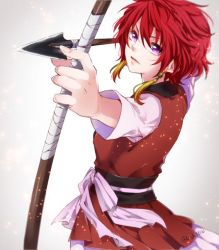 Rule 34 | 1girl, akatsuki no yona, arrow (projectile), bow (weapon), drawing bow, dress, earrings, from side, gradient background, holding, holding bow (weapon), holding weapon, jewelry, kanako3510, md5 mismatch, purple eyes, red hair, resolution mismatch, short hair, solo, source larger, tassel, tassel earrings, twitter username, weapon, yona (akatsuki no yona)