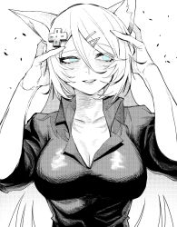 Rule 34 | 1girl, animal ears, arms up, blue eyes, breasts, collared shirt, cross hair ornament, greyscale, hair ornament, hairclip, highres, indie virtual youtuber, kakult2017, large breasts, long hair, looking away, mizuki (vtuber), monochrome, parted lips, shirt, short sleeves, sideways glance, solo, spot color, upper body, virtual youtuber