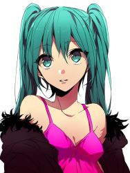 Rule 34 | 1girl, aqua eyes, aqua hair, bare shoulders, breasts, camisole, cleavage, collarbone, expressionless, female focus, fur trim, hatsune miku, long hair, looking at viewer, off shoulder, parted lips, simple background, solo, tank top, twintails, upper body, vocaloid, white background, wono komichi, wonoco0916