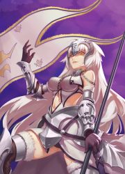 Rule 34 | 1girl, ahoge, armor, blush, breasts, cosplay, fate/grand order, fate (series), flag, highres, holding, holding flag, jeanne d&#039;arc (fate), jeanne d&#039;arc (fate) (cosplay), jeanne d&#039;arc (third ascension) (fate), jeanne d&#039;arc alter (avenger) (fate), jeanne d&#039;arc alter (fate), large breasts, long hair, looking at viewer, ouer moyu, parted lips, smile, solo, teeth, white hair, yellow eyes