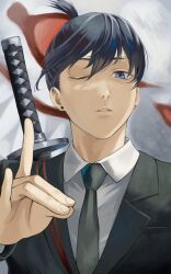 Rule 34 | 1boy, absurdres, black hair, black jacket, black necktie, business suit, chainsaw man, commentary request, earrings, fengling (furin-jp), formal, fox devil (chainsaw man), hayakawa aki, highres, jacket, jewelry, katana, looking at viewer, male focus, necktie, parted lips, short hair, solo, stud earrings, suit, suit jacket, sword, topknot, upper body, weapon