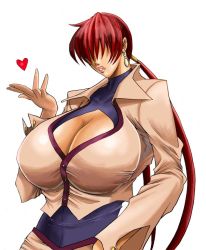 Rule 34 | 1girl, blowing kiss, breasts, cleavage, cleavage cutout, clothing cutout, cropped jacket, earrings, gigantic breasts, hair over eyes, heart, jewelry, leotard, lips, lipstick, long hair, makeup, red hair, shermie (kof), signal-green, solo, split ponytail, taut clothes, the king of fighters, twintails