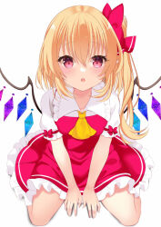 Rule 34 | 1girl, :o, ascot, blonde hair, bow, collarbone, crystal, flandre scarlet, full body, hair bow, looking at viewer, one side up, open mouth, red bow, red eyes, red skirt, red vest, seiza, shirt, short sleeves, simple background, sitting, skirt, solo, tosakaoil, touhou, vest, white background, white shirt, wings, yellow ascot