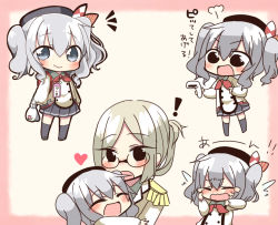 Rule 34 | !, 10s, 2girls, :&gt;, :d, ^ ^, aged down, barcode scanner, beret, black legwear, blush, buttons, chibi, child, closed eyes, closed mouth, collared shirt, crying, double-breasted, epaulettes, folded ponytail, glasses, grey eyes, hat, heart, jacket, jako (jakoo21), kantai collection, kashima (kancolle), katori (kancolle), long hair, long sleeves, looking at viewer, military, military uniform, multiple girls, name tag, open mouth, parted bangs, ponytail, shirt, silver hair, skirt, smile, tears, text focus, thighhighs, translated, twintails, uniform, wavy mouth