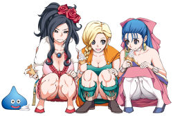 Rule 34 | 3girls, bare shoulders, bianca (dq5), black eyes, black hair, blonde hair, blue eyes, blue hair, bow, braid, breasts, cape, cleavage, crotch seam, deborah (dq5), dragon quest, dragon quest v, dress, earrings, eating, feather boa, flora (dq5), flower, food, hair flower, hair ornament, half updo, highres, ice cream, ice cream cone, jewelry, large breasts, long hair, masayan (minor-ms), mole, multiple girls, neck ring, necklace, panties, pantyhose, pantyshot, pendant, pink bow, rose, siblings, simple background, single braid, sisters, slime (dragon quest), smile, soft serve, squatting, underwear, wavy mouth, white background, white legwear