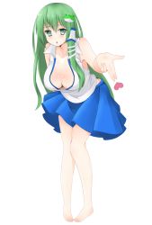 Rule 34 | 1girl, bad id, bad pixiv id, barefoot, blue skirt, breasts, cleavage, collarbone, detached sleeves, frog hair ornament, full body, green eyes, green hair, hair ornament, heart, highres, knees together feet apart, kochiya sanae, large breasts, leaning forward, long hair, looking at viewer, matching hair/eyes, miniskirt, parted lips, pigeon-toed, pleated skirt, puckered lips, shirt, simple background, skirt, snake hair ornament, solo, standing, surota, touhou, very long hair, white background, white shirt