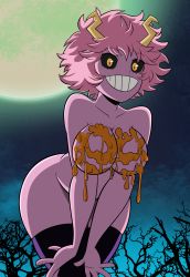 Rule 34 | 10s, 1girl, absurdres, ashido mina, ass, bare shoulders, bent over, black sclera, boku no hero academia, breasts, colored sclera, colored skin, female focus, grimphantom, grin, highres, hip focus, huge ass, large breasts, paint, pink hair, pink skin, short hair, smile, solo, teeth, thick thighs, thighhighs, thighs, wide hips, yellow eyes