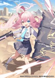 Rule 34 | 1girl, ahoge, aqua necktie, blue archive, blue eyes, building, cloud, collared shirt, day, desert, fang, gun, halo, heterochromia, highres, holding, holding shield, holding weapon, hoshino (blue archive), kneehighs, long hair, long sleeves, looking at viewer, necktie, official art, open mouth, orange eyes, outdoors, pink hair, plaid, plaid skirt, pleated skirt, shield, shirt, shoes, shotgun, skirt, sky, sneakers, socks, solo, standing, very long hair, wagashi928, weapon, white shirt, white socks, wixoss