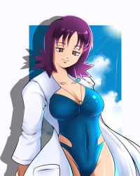 Rule 34 | 1girl, bare legs, blue one-piece swimsuit, blue sky, border, breasts, brown eyes, cleavage, covered navel, creatures (company), curvy, game freak, highleg, highleg swimsuit, highres, jewelry, lab coat, large breasts, looking at viewer, looking to the side, narrow waist, necklace, nintendo, one-piece swimsuit, philena ivy, pokemon, pokemon (anime), pokemon (classic anime), purple hair, ri~hu, shiny skin, short hair, sky, smile, solo, standing, strapless, swimsuit, thick thighs, thighs, white border