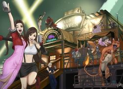 Rule 34 | 5girls, 5ta2 5, aerith gainsborough, asymmetrical bangs, bandana, barret wallace, beige shorts, belt, biggs (ff7), black hair, blonde hair, blue jacket, bracelet, braid, breasts, brown eyes, brown hair, brown vest, cait sith (ff7), cape, cid highwind, cloud strife, cropped jacket, crossed arms, curly hair, dress, everyone, fiery tail, final fantasy, final fantasy vii, fingerless gloves, gloves, green eyes, green shirt, headband, jacket, jessie rasberry, jewelry, large breasts, long dress, long hair, low-tied long hair, lower teeth only, marlene wallace, midriff, miniskirt, multiple boys, multiple girls, navel, open mouth, pink dress, pink ribbon, ponytail, red bandana, red cape, red fur, red headband, red jacket, red xiii, ribbon, seventh heaven, shirt, short hair, sidelocks, skirt, sleeveless, sleeveless turtleneck, spiked hair, square enix, suspender skirt, suspenders, tail, teeth, tifa lockhart, turtleneck, upper teeth only, vest, vincent valentine, wedge (ff7), yuffie kisaragi