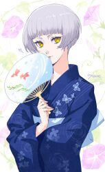 1girl absurdres blue_kimono elizabeth_(persona) eyelashes grey_hair hand_fan highres holding holding_fan japanese_clothes kimono looking_at_viewer persona persona_3 short_hair smile solo upper_body yellow_eyes yokaroni