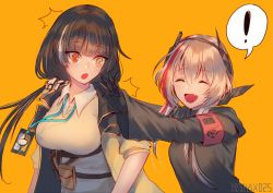 Rule 34 | !, 2girls, armband, artist name, bad id, bad pixiv id, black gloves, black hair, blush, closed eyes, fang, girls&#039; frontline, gloves, hair between eyes, hand on another&#039;s shoulder, happy, headgear, heterochromia, hood, hood down, hooded jacket, jacket, lanyard, long hair, looking at another, looking at viewer, m4 sopmod ii (girls&#039; frontline), multicolored hair, multiple girls, name tag, open mouth, orange eyes, pink hair, pouch, prosthesis, prosthetic arm, red eyes, red hair, ro635 (girls&#039; frontline), shirt, simple background, sleeves rolled up, smile, streaked hair, surprised, twintails, white hair, xanax025, yellow background, yellow eyes