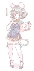 Rule 34 | 1girl, alternate costume, animal ears, bloomers, chinese clothes, chinese food, commentary request, dress, ear covers, full body, grey hair, jewelry, microdress, mitsumoto jouji, mouse ears, mouse tail, nazrin, oyster pail, pendant, red eyes, short hair, solo, tail, thighhighs, touhou, translated, underwear, white background, white thighhighs, zettai ryouiki