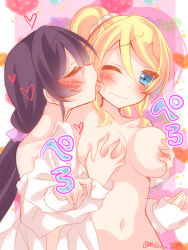 Rule 34 | 2girls, ayase eli, blonde hair, blue eyes, blush, grabbing another&#039;s breast, breasts, closed eyes, flustered, grabbing, grabbing from behind, heart, large breasts, long hair, love live!, love live! school idol project, low twintails, mogu (au1127), multiple girls, one eye closed, ponytail, purple hair, scrunchie, smile, sound effects, tojo nozomi, twintails, undressing, white scrunchie, yuri