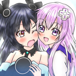 Rule 34 | annoyed, bare shoulders, black hair, blush, breasts, collar, dress, embarrassed, flustered, friends, happy, highres, long hair, nepgear, neptune (series), one eye closed, open mouth, purple eyes, purple hair, red eyes, shirt, small breasts, takachi, tsundere, twintails, two side up, uni (neptunia), upper body