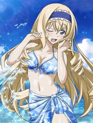Rule 34 | 10s, 1girl, bikini, blonde hair, blue bikini, blue eyes, blue hairband, bow, breasts, cecilia alcott, cleavage, cloud, collarbone, day, eyebrows, hair bow, hairband, infinite stratos, long hair, lowres, medium breasts, navel, one eye closed, open mouth, outdoors, sky, solo, swimsuit, water