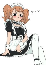 Rule 34 | 1girl, apron, artist self-insert, black dress, black eyes, blush, brown hair, closed mouth, crossed legs, dot nose, dress, flat chest, highres, invisible chair, looking at viewer, maid, maid headdress, medium hair, original, osame, pantyhose, simple background, sitting, smile, smug, solo, twintails, waist apron, white apron, white background, white pantyhose, wrist cuffs
