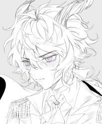 Rule 34 | 1boy, animal ear fluff, animal ears, arknights, closed mouth, collared shirt, crying, crying with eyes open, dress shirt, ebenholz (arknights), epaulettes, grey background, hair between eyes, highres, horns, jacket, long hair, male focus, monochrome, purple eyes, rio (rio773), shirt, simple background, solo, spot color, tears, v-shaped eyebrows
