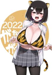 Rule 34 | 1girl, 2022, akitokage, animal ears, bikini, black hair, blush, breasts, choker, commentary request, cowboy shot, dated, flying sweatdrops, hair between eyes, hair ornament, hairclip, highres, huge breasts, looking at viewer, navel, open mouth, oppai loli, original, pantyhose, short hair, skirt, solo, swimsuit, tail, teeth, tongue