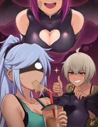 Rule 34 | 3girls, ahoge, airisubaka, artist name, bandaid, bandaid on cheek, bandaid on face, bare shoulders, breasts, bubble tea, cleavage, cleavage cutout, clothing cutout, collarbone, dark-skinned female, dark skin, drinking straw, ear piercing, earrings, grin, hand up, hands up, highres, holding, jewelry, june (airisubaka), large breasts, leah (airisubaka), leona (airisubaka), long hair, multiple girls, open mouth, original, piercing, purple eyes, shaded face, short hair, sleeveless, smile, sparkle, tank top, thumbs up