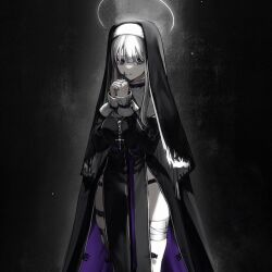 Rule 34 | 1girl, album cover, bandaged leg, bandages, belt, black choker, black theme, breasts, choker, cover, cross, detached collar, feet out of frame, habit, halo, heterochromia, highres, holding, holding cross, leg belt, medium breasts, official art, original, own hands clasped, own hands together, pelvic curtain, purple belt, rosary, side slit, solo, torn clothes, two-sided fabric, youichi (45 01)