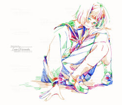 Rule 34 | 1girl, artist name, colorful, commentary request, full body, hatching (texture), head rest, highres, knees together feet apart, knees up, long sleeves, looking at viewer, neckerchief, original, pen (medium), pleated skirt, sailor collar, sailor shirt, school uniform, serafuku, shirt, shoes, short hair, signature, simple background, sitting, skirt, socks, solo, traditional media, watanabe tomari, watermark, white background