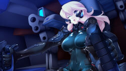 Rule 34 | black gloves, blonde hair, bodysuit, breasts, cockpit, covered navel, fortified suit, gloves, green bodysuit, grey eyes, highres, large breasts, long hair, looking up, miyata sou, muv-luv, muv-luv alternative, muv-luv total eclipse, official art, one eye closed, pilot suit, sharon heim, sitting, skin tight, smile