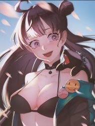 Rule 34 | 1girl, :d, ahoge, animal, animal on shoulder, badge, bare shoulders, bikini, black bikini, breasts, brown hair, button badge, cherry blossoms, choker, cleavage, collarbone, commentary request, commission, girls&#039; frontline, hair bun, halterneck, highres, honey badger, honey badger (girls&#039; frontline), jacket, large breasts, long hair, off shoulder, open mouth, ota (ota-0000), outdoors, purple eyes, single hair bun, skeb commission, sky, smile, smiley face, solo, swimsuit, upper body