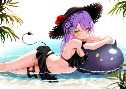 Rule 34 | 1girl, absurdres, alternate costume, arm rest, asymmetrical hair, beach, bibi (tokoyami towa), bikini, bikini skirt, black bikini, black hat, blush, braid, breasts, cleavage, closed mouth, commentary, cross, cross earrings, crossed arms, demon tail, ear piercing, earrings, eyelashes, feet out of frame, flower, french braid, frilled bikini, frills, green eyes, hair bun, hat, hat flower, heart o-ring, highres, hololive, inflatable toy, jewelry, leg tattoo, long hair, looking at viewer, lying, multicolored hair, navel, ocean, on side, outdoors, parted bangs, partially submerged, piercing, pink hair, purple hair, simple background, single side bun, small breasts, smile, solo, stomach, straw hat, swimsuit, tail, tail ornament, tail piercing, tattoo, thigh strap, tokoyami towa, totuoooo1015, two-tone hair, virtual youtuber, wet, white background