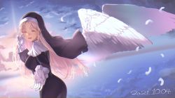 Rule 34 | 1girl, angel wings, beckoning, brown eyes, cloud, cloudy sky, crying, crying with eyes open, dated, feathered wings, feathers, gloves, habit, happy tears, herio, highres, light brown hair, long hair, looking at viewer, night, night sky, nijisanji, nun, open mouth, outstretched arm, outstretched hand, reaching, reaching towards viewer, rubbing eyes, sister claire, sister claire (1st costume), sky, smile, solo, star (sky), starry sky, sunset, tears, traditional nun, virtual youtuber, white gloves, white wings, wings, wiping tears
