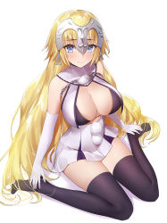 Rule 34 | 1girl, artist name, bikini, bikini top only, black thighhighs, blonde hair, blue eyes, blush, breasts, cleavage, cosplay, elbow gloves, embarrassed, fate/apocrypha, fate/grand order, fate (series), full body, gloves, hands on feet, headgear, jeanne d&#039;arc (fate), jeanne d&#039;arc (ruler) (fate), jeanne d&#039;arc alter (fate), jeanne d&#039;arc alter santa lily (fate), jeanne d&#039;arc alter santa lily (fate) (cosplay), large breasts, legs, long hair, looking at viewer, no shoes, shadow, simple background, sitting, skirt, solo, swimsuit, thighhighs, thighs, undersized clothes, very long hair, wariza, white background, white gloves, yaman (yamanta lov)