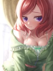 Rule 34 | 1girl, blush, breasts, cleavage, collarbone, commentary request, green pajamas, highres, large breasts, looking at viewer, love live!, love live! school idol project, nishikino maki, pajamas, pipapip, purple eyes, red hair, short hair, solo