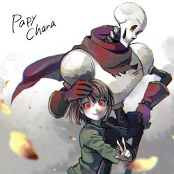 Rule 34 | 1boy, 1other, androgynous, blush, brown hair, chara (undertale), gloves, highres, papyrus (undertale), red eyes, scarf, shirt, shousan (hno3syo), skeleton, smile, source request, undertale