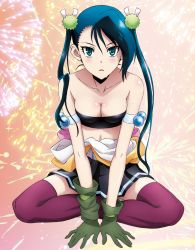 Rule 34 | 1girl, aqua eyes, arm support, armband, bandeau, bare shoulders, blue hair, blush, breasts, gloves, green eyes, hair ornament, hibachi (mushibugyou), indian style, japanese clothes, long hair, mushibugyou, official art, open mouth, purple thighhighs, sitting, skirt, solo, strapless, sweat, sweatdrop, thighhighs, tsurime, tube top, twintails
