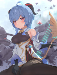 Rule 34 | 1girl, absurdres, ahoge, bad id, bad pixiv id, bare shoulders, bell, black bodysuit, black gloves, blue hair, blush, bodysuit, breasts, detached sleeves, ganyu (genshin impact), genshin impact, gloves, goat horns, gold trim, highres, holding, holding weapon, horns, long hair, looking at viewer, medium breasts, neck bell, purple eyes, sidelocks, solo, tokutokenzen, weapon