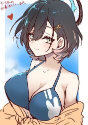 Rule 34 | 1girl, absurdres, alternate costume, bare shoulders, bikini, black hair, blue archive, blue bikini, breasts, chihiro (blue archive), cleavage, closed mouth, collarbone, commentary request, green eyes, hair ornament, halo, heart, highres, large breasts, looking at viewer, no eyewear, short hair, sketch, smile, solo, swimsuit, translation request, upper body, vent vert (kuuya)