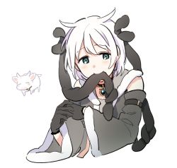 Rule 34 | 1girl, an sin, aqua eyes, aqua gemstone, azusa mifuyu, black choker, blush, choker, cow, cropped torso, detached sleeves, dot nose, fur-trimmed hood, fur-trimmed sleeves, fur trim, gloves, grey gloves, grey ribbon, grey sleeves, hair horns, hair ribbon, hood, hood down, korean commentary, looking at viewer, magia record: mahou shoujo madoka magica gaiden, magical girl, mahou shoujo madoka magica, mouth hold, own hands together, ribbon, ribbon in mouth, short hair, simple background, smile, solo, upper body, white background, white hair