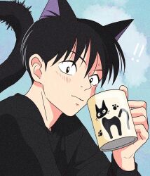 Rule 34 | !, !!, 1boy, animal ears, black hair, black shirt, blue background, cat boy, cat ears, cat tail, character print, closed mouth, cup, from side, hand up, highres, holding, holding cup, jiji (majo no takkyuubin), long sleeves, looking to the side, majo no takkyuubin, male focus, mug, paw print, personification, print mug, rikaco1988, shirt, short hair, solo, tail, tail raised, upper body