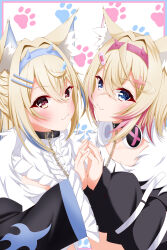 Rule 34 | 2girls, :3, absurdres, animal ear fluff, animal ears, belt collar, black collar, black jacket, blonde hair, blue eyes, blue hair, collar, cropped jacket, cropped shirt, dog ears, dog girl, dress, fur-trimmed jacket, fur trim, fuwawa abyssgard, fuwawa abyssgard (1st costume), hair ornament, hairpin, headphones, headphones around neck, highres, hololive, hololive english, jacket, long hair, looking at viewer, medium hair, mococo abyssgard, mococo abyssgard (1st costume), multicolored hair, multiple girls, paw print, paw print background, pink eyes, pink hair, siblings, sisters, smile, streaked hair, twins, tyama-tya, virtual youtuber, white dress, x hair ornament