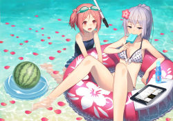 Rule 34 | 2girls, :d, bikini, bottle, competition school swimsuit, cube hair ornament, floral print, flower, food, frilled bikini, frills, front-tie top, fruit, goggles, goggles on head, hair flower, hair ornament, hibiscus, holding, innertube, izumi sai, looking at viewer, multiple girls, one-piece swimsuit, open mouth, original, partially submerged, petals, pink eyes, pink hair, polka dot, polka dot bikini, polka dot swimsuit, popsicle, ramune, school swimsuit, shiny skin, short hair, silver hair, sitting, smile, snorkel, swim ring, swimsuit, tablet pc, twintails, water, watermelon