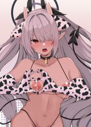 Rule 34 | 1girl, absurdres, animal ears, animal print, bell, bikini, blue archive, blush, breasts, cow ears, cow girl, cow horns, cow print, dark-skinned female, dark skin, demon tail, fake animal ears, fake horns, hair over one eye, halo, heart-shaped boob challenge, highres, horns, houmatu awa, iori (blue archive), lactation, long bangs, looking at viewer, medium breasts, micro bikini, navel, neck bell, one eye covered, open mouth, pointy ears, solo, standing, swimsuit, tail, teeth, thong bikini, tongue, twintails, upper body